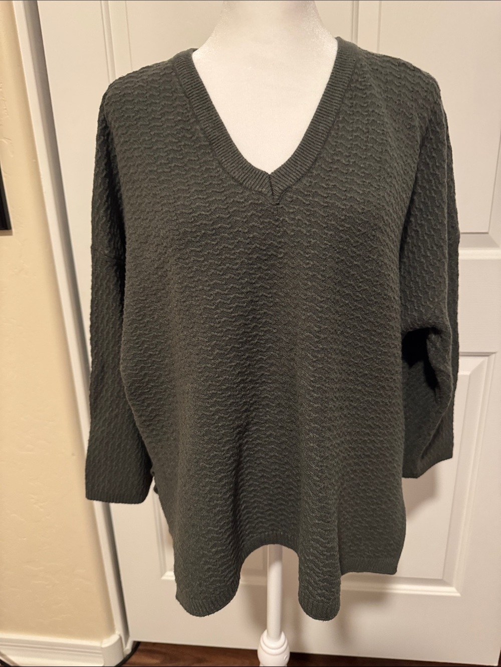 Adrianna Papell Olive Green V-Neck Textured Knit Sweater